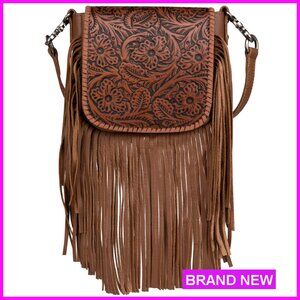 Genuine Leather Crossbody Bag Western Fringe Tooled Floral Pattern Adjustable